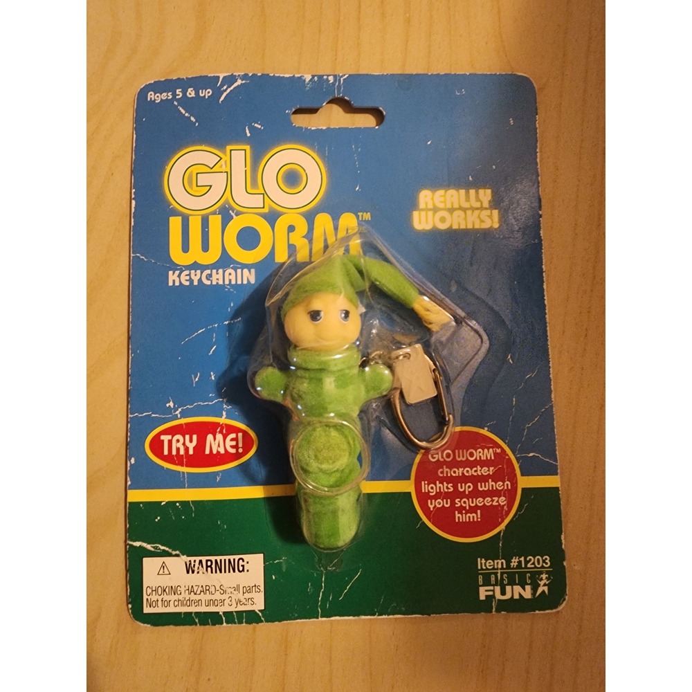 Vintage Glo Worm Keychain Basic Fun 1203 Light Up Plush Toy Green NIP